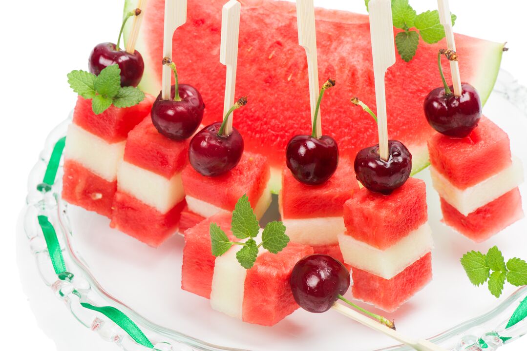 Canapes of watermelon, melons and cherries - a savory dessert of the watermelon diet