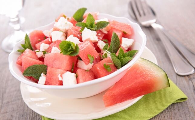 Watermelon salad with cottage cheese and mint in the diet of the weekly watermelon diet